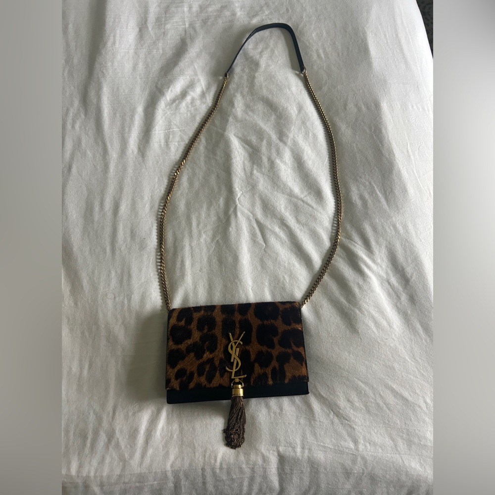 YSL leopard calf hair crossbody wallet on chain